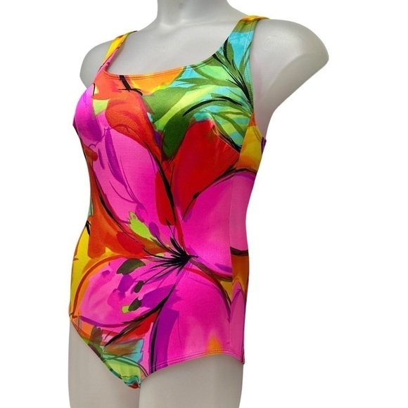 •- Vtg Y2K 90s Neon Swimsuit Cross Back One Piece AA - Picture 2 of 14